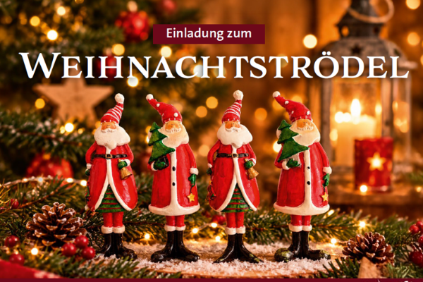 Einladung zum Weihnachtströdel. 4 Weihnachtsmannfiguren mit Dekoration